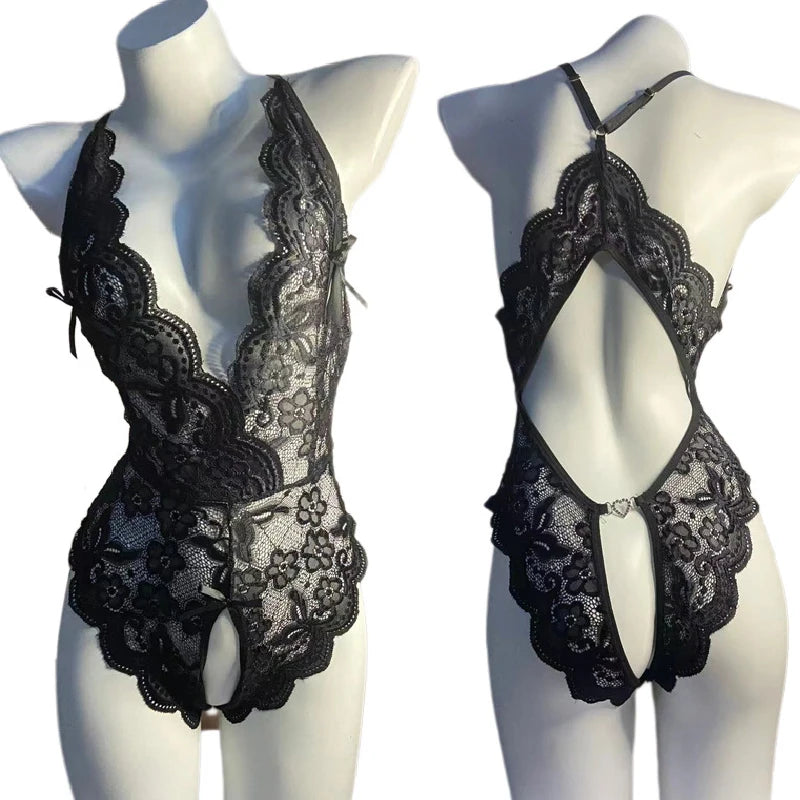 Sexy Open Buttocks Blue Lingerie Women Lace Hollow Bra Set Erotic Costumes Bdsm Sexual Lingerie Toys Deep V Open Games Underwear