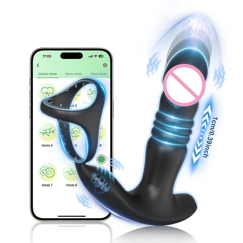 APP Control Thrusting Prostate Massager for Men Telescopic Anal Vibrator for Gay Butt Plug Cock Ring Adult Goods Sex Toy for Men