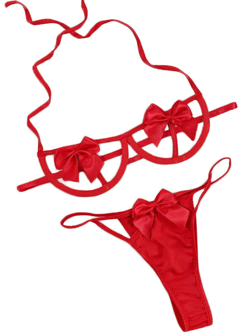 Kaei&Shi Present Bow LingerieHoliday Bra And Panty SetSexy Strappy Lingerie Sets Birthday Anniversary Valentines Day GiftRedMedium